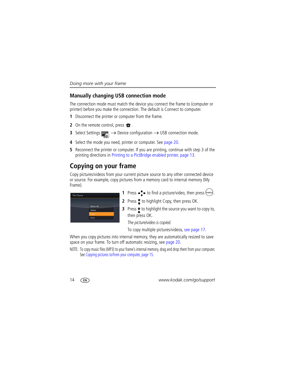 Manually changing usb connection mode, Copying on your frame, Manually changing usb | Manually | Kodak EX1011 User Manual | Page 20 / 60