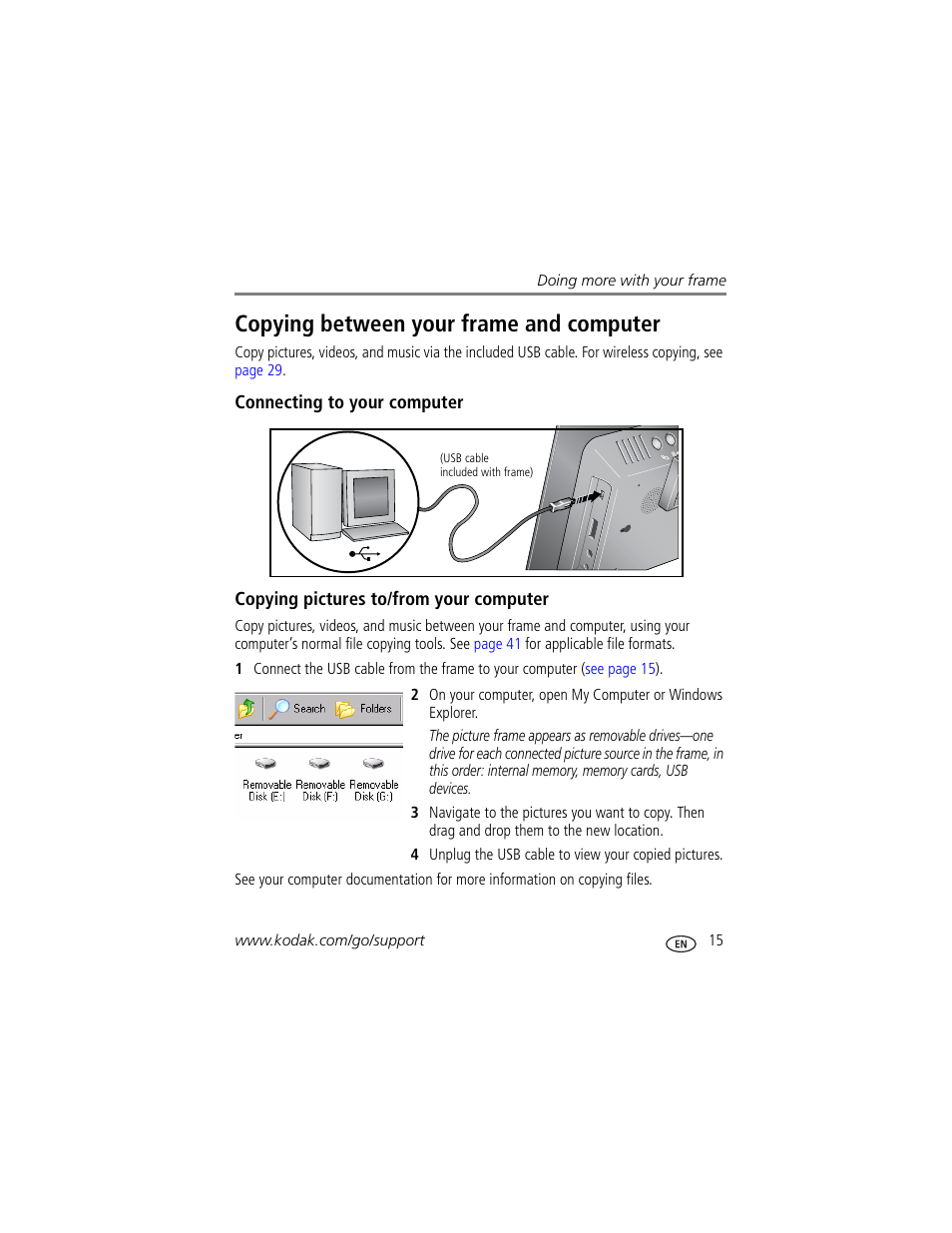 Copying between your frame and computer, Connecting to your computer, Copying pictures to/from your computer | Kodak EX1011 User Manual | Page 21 / 60