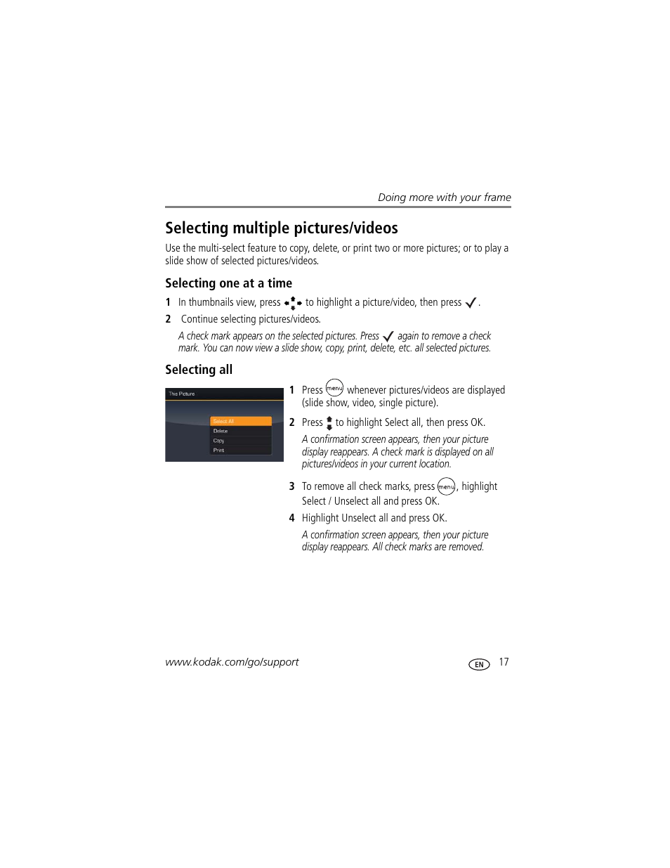 Selecting multiple pictures/videos, Selecting one at a time, Selecting all | Kodak EX1011 User Manual | Page 23 / 60