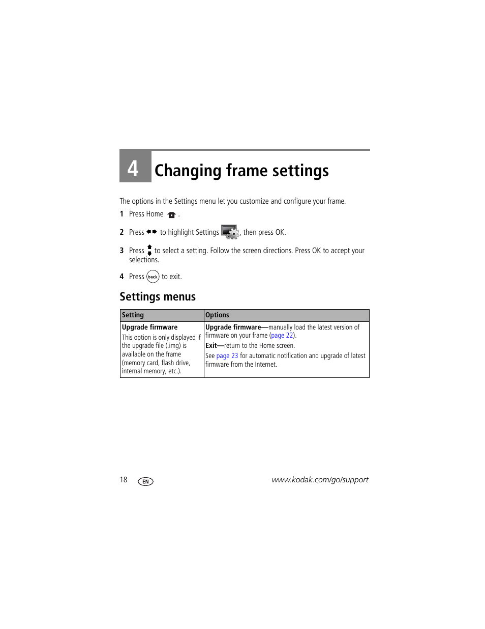 Changing frame settings, Settings menus, 4 changing frame settings | Kodak EX1011 User Manual | Page 24 / 60