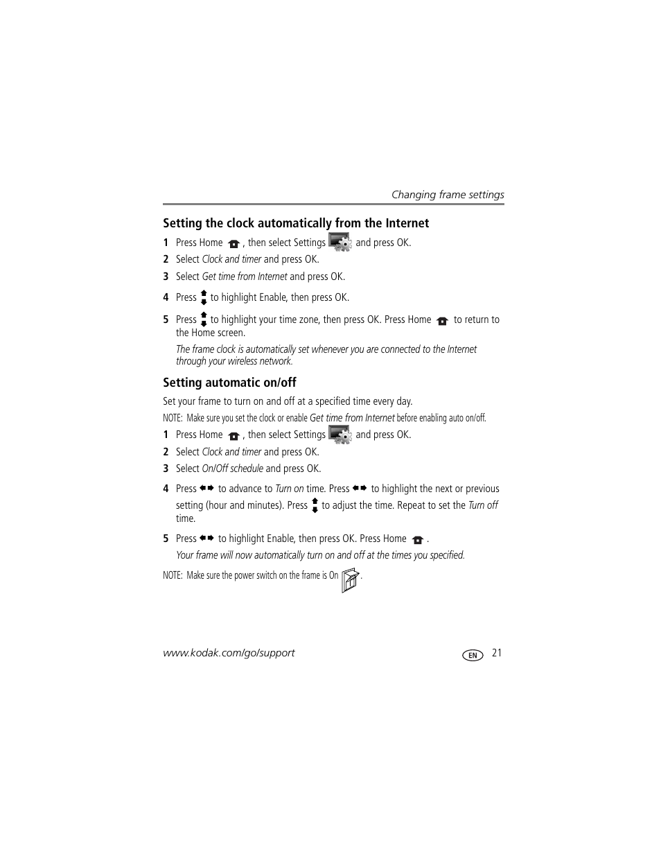 Setting the clock automatically from the internet, Setting automatic on/off | Kodak EX1011 User Manual | Page 27 / 60