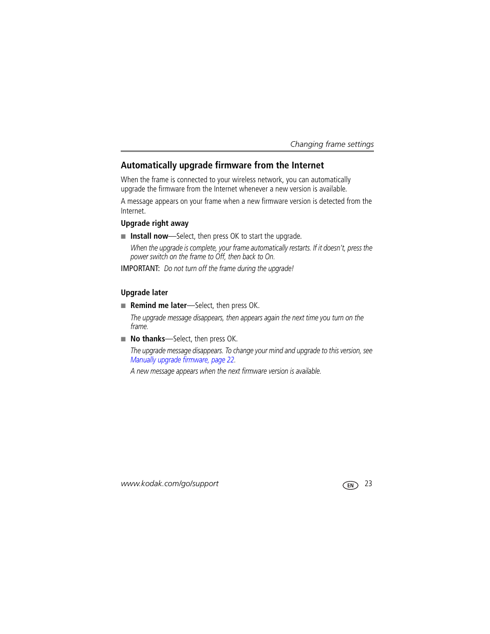 Automatically upgrade firmware from the internet, Upgrade right away, Upgrade later | Kodak EX1011 User Manual | Page 29 / 60