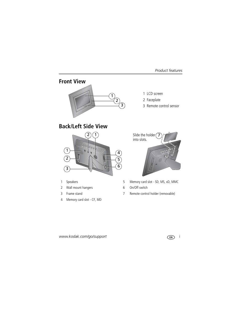 Product features, Front view back/left side view | Kodak EX1011 User Manual | Page 3 / 60