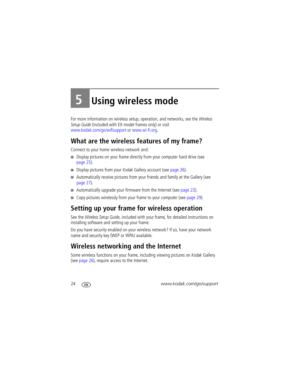 Using wireless mode, What are the wireless features of my frame, Setting up your frame for wireless operation | Wireless networking and the internet, 5 using wireless mode | Kodak EX1011 User Manual | Page 30 / 60