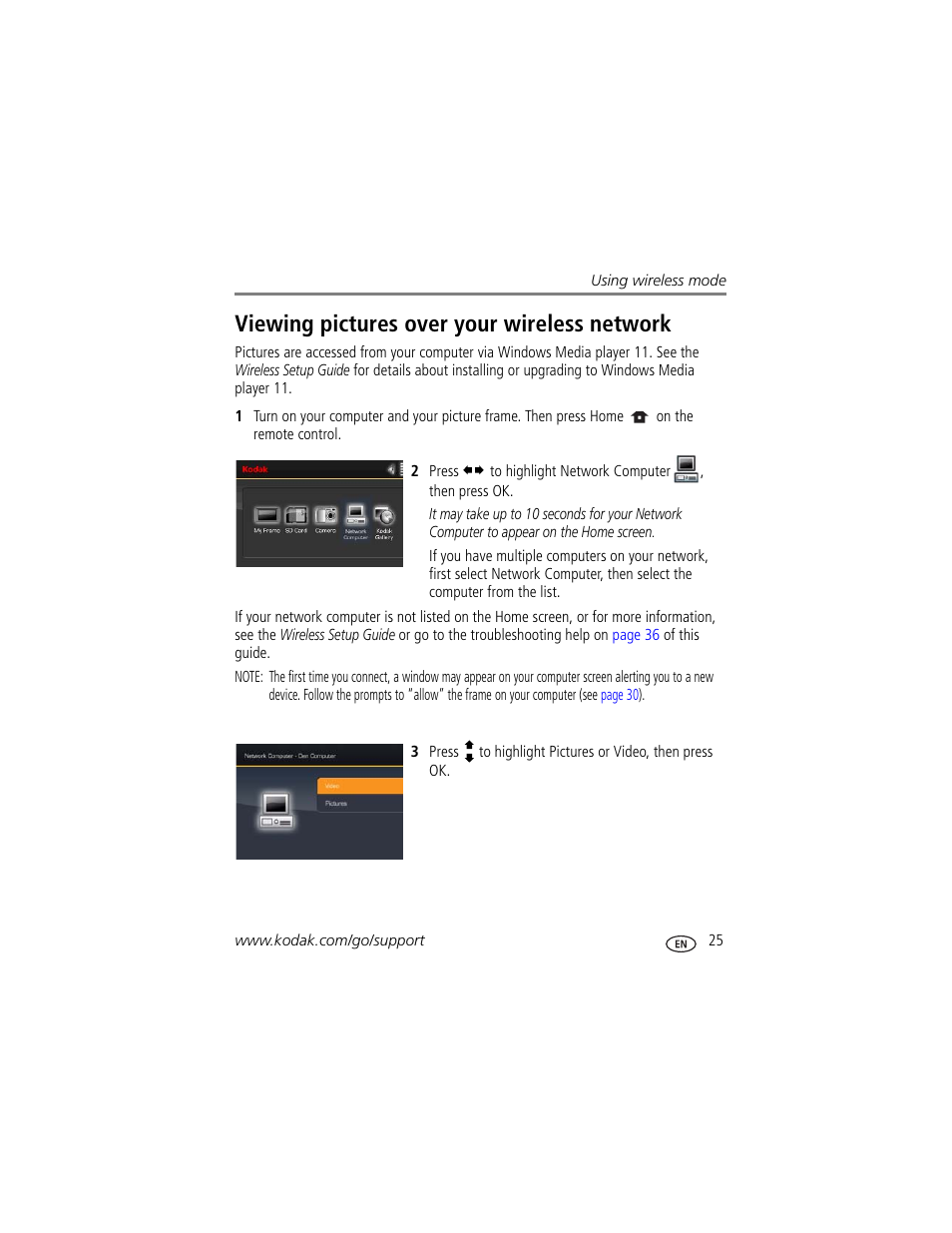 Viewing pictures over your wireless network | Kodak EX1011 User Manual | Page 31 / 60