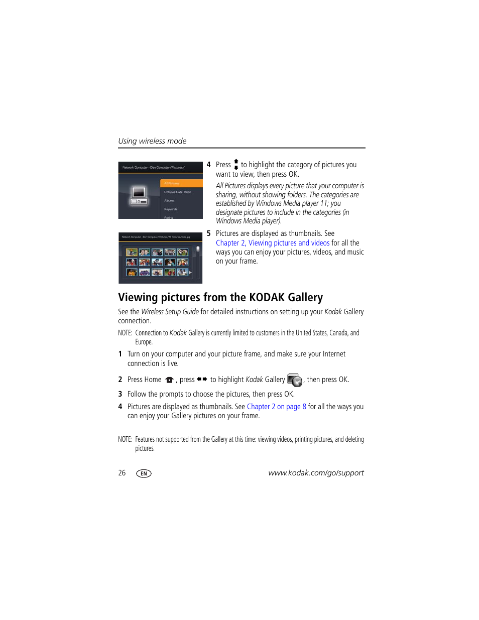 Viewing pictures from the kodak gallery | Kodak EX1011 User Manual | Page 32 / 60