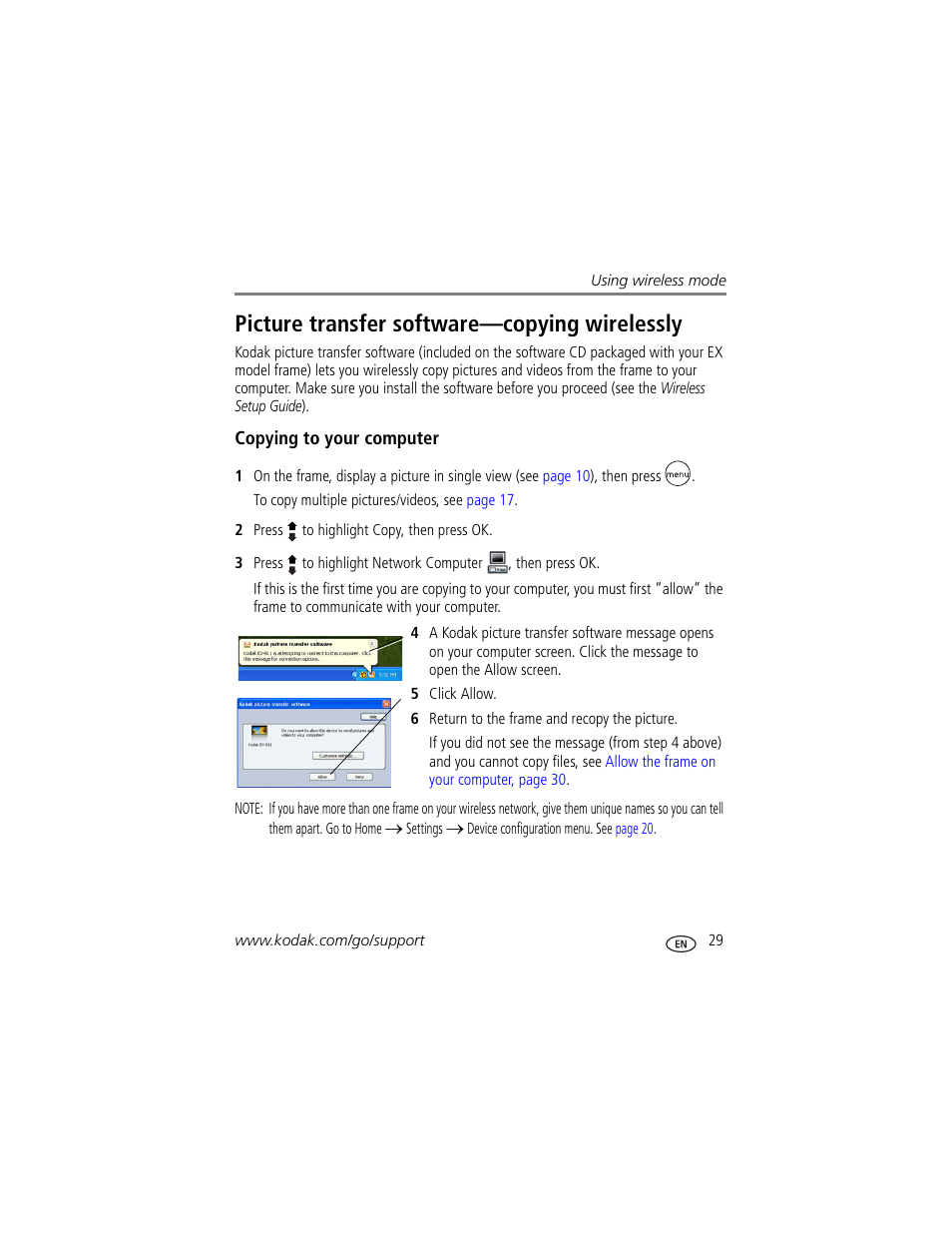 Picture transfer software-copying wirelessly, Copying to your computer, Picture transfer software—copying wirelessly | Kodak EX1011 User Manual | Page 35 / 60