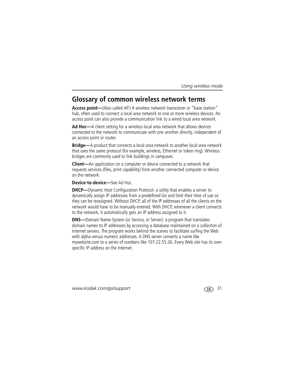 Glossary of common wireless network terms | Kodak EX1011 User Manual | Page 37 / 60