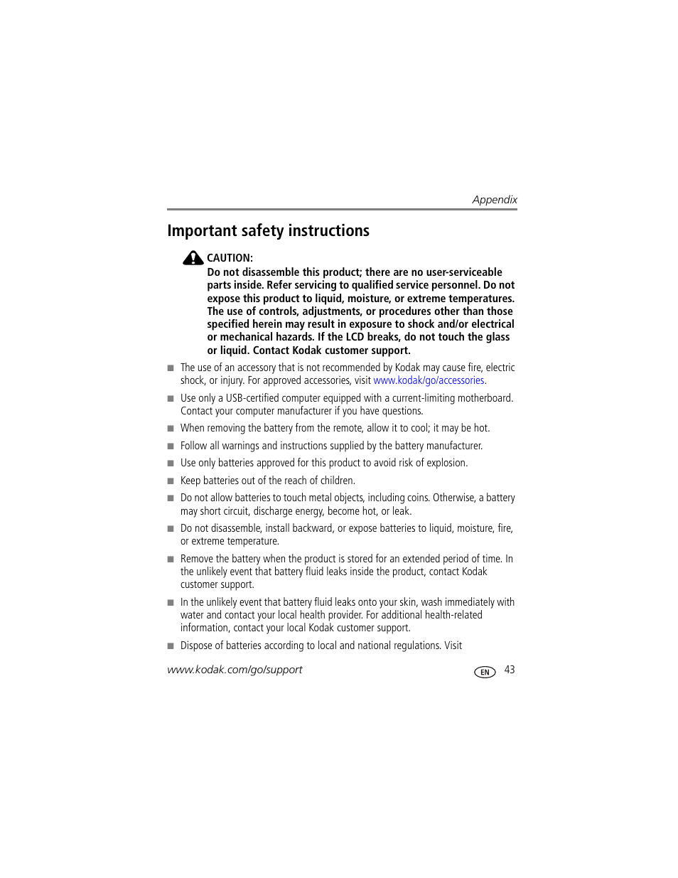 Important safety instructions | Kodak EX1011 User Manual | Page 49 / 60