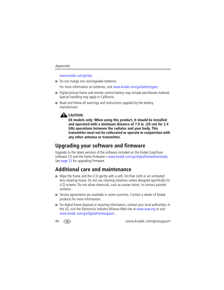 Upgrading your software and firmware, Additional care and maintenance | Kodak EX1011 User Manual | Page 50 / 60