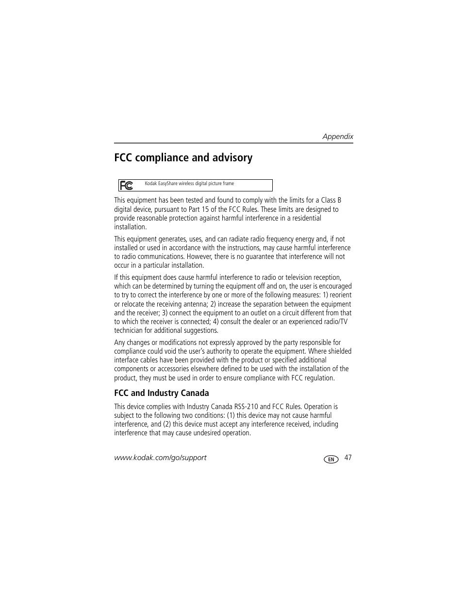 Fcc compliance and advisory, Fcc and industry canada | Kodak EX1011 User Manual | Page 53 / 60