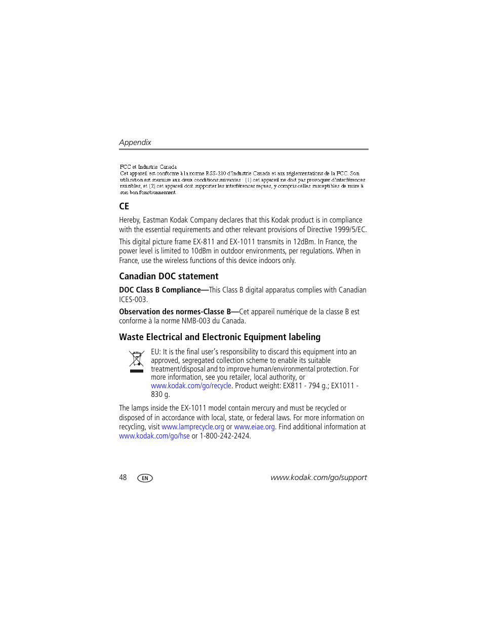 Canadian doc statement, Waste electrical and electronic equipment labeling | Kodak EX1011 User Manual | Page 54 / 60