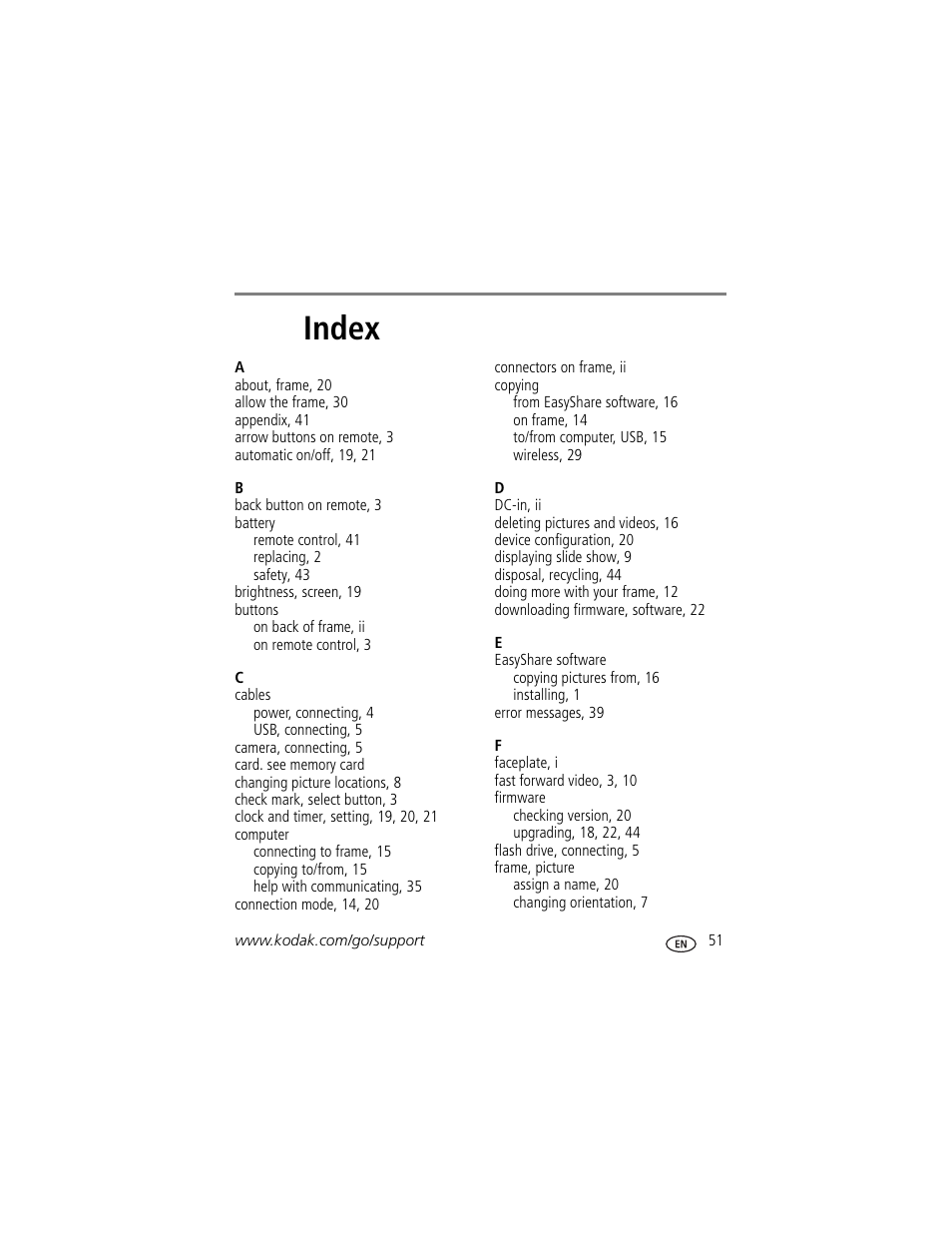 Index | Kodak EX1011 User Manual | Page 57 / 60
