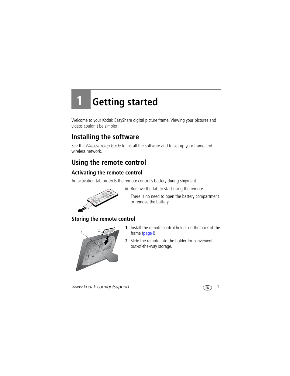 Getting started, Installing the software, Using the remote control | Activating the remote control, Storing the remote control, 1 getting started, Installing the software using the remote control | Kodak EX1011 User Manual | Page 7 / 60