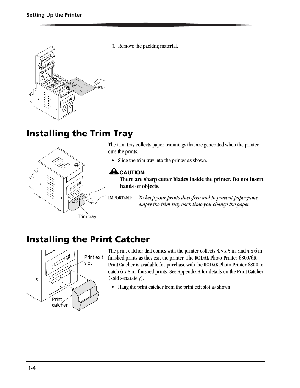 Installing the trim tray, Installing the print catcher | Kodak 6805 User Manual | Page 12 / 56