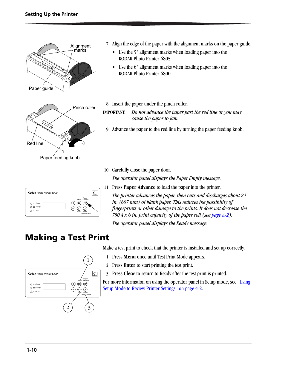 Making a test print -10, Making a test print, Insert the paper under the pinch roller | Press menu once until test print mode appears, Press enter to start printing the test print | Kodak 6805 User Manual | Page 18 / 56