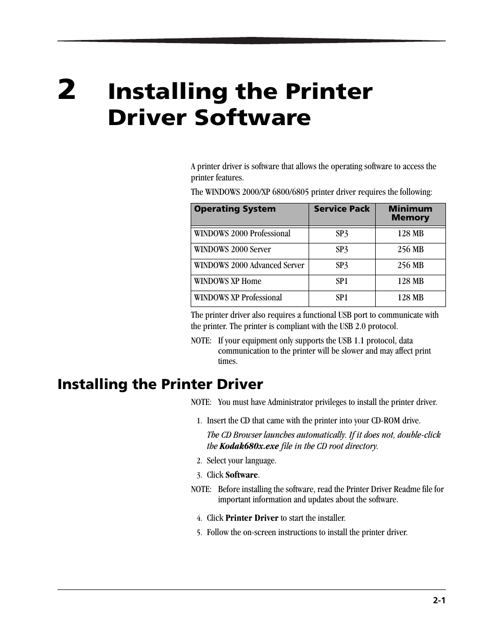 2 installing the printer driver software, Installing the printer driver -1, Installing the printer driver software | Installing the printer driver | Kodak 6805 User Manual | Page 21 / 56