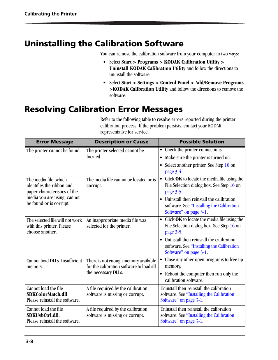 Uninstalling the calibration software, Resolving calibration error messages | Kodak 6805 User Manual | Page 32 / 56