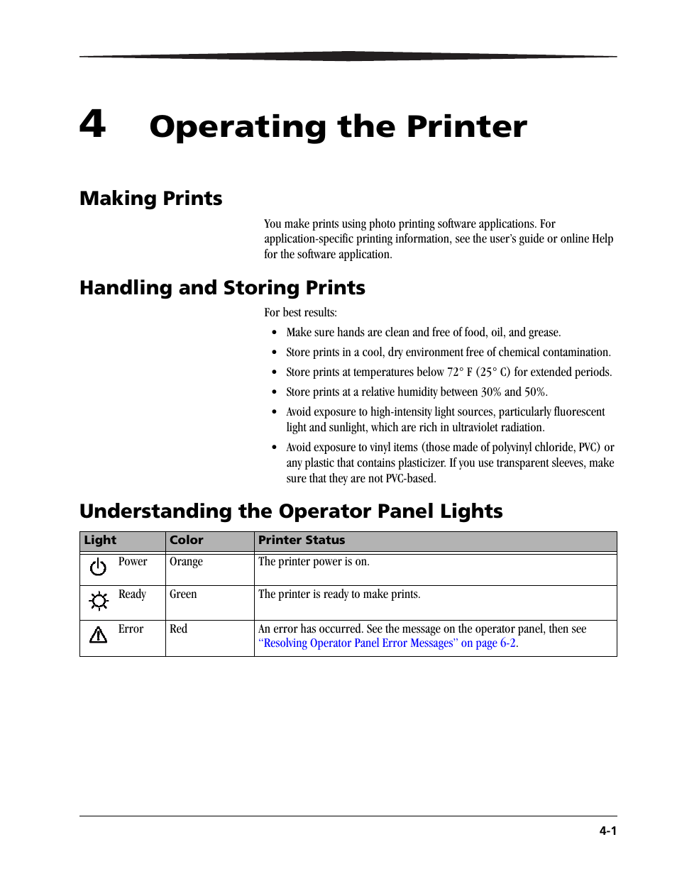 4 operating the printer, Operating the printer, Making prints | Handling and storing prints, Understanding the operator panel lights | Kodak 6805 User Manual | Page 35 / 56