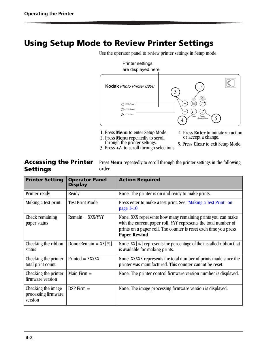 Using setup mode to review printer settings -2, Accessing the printer settings -2, In setup mode, see | Using, Using setup mode to review printer settings, Accessing the printer settings | Kodak 6805 User Manual | Page 36 / 56