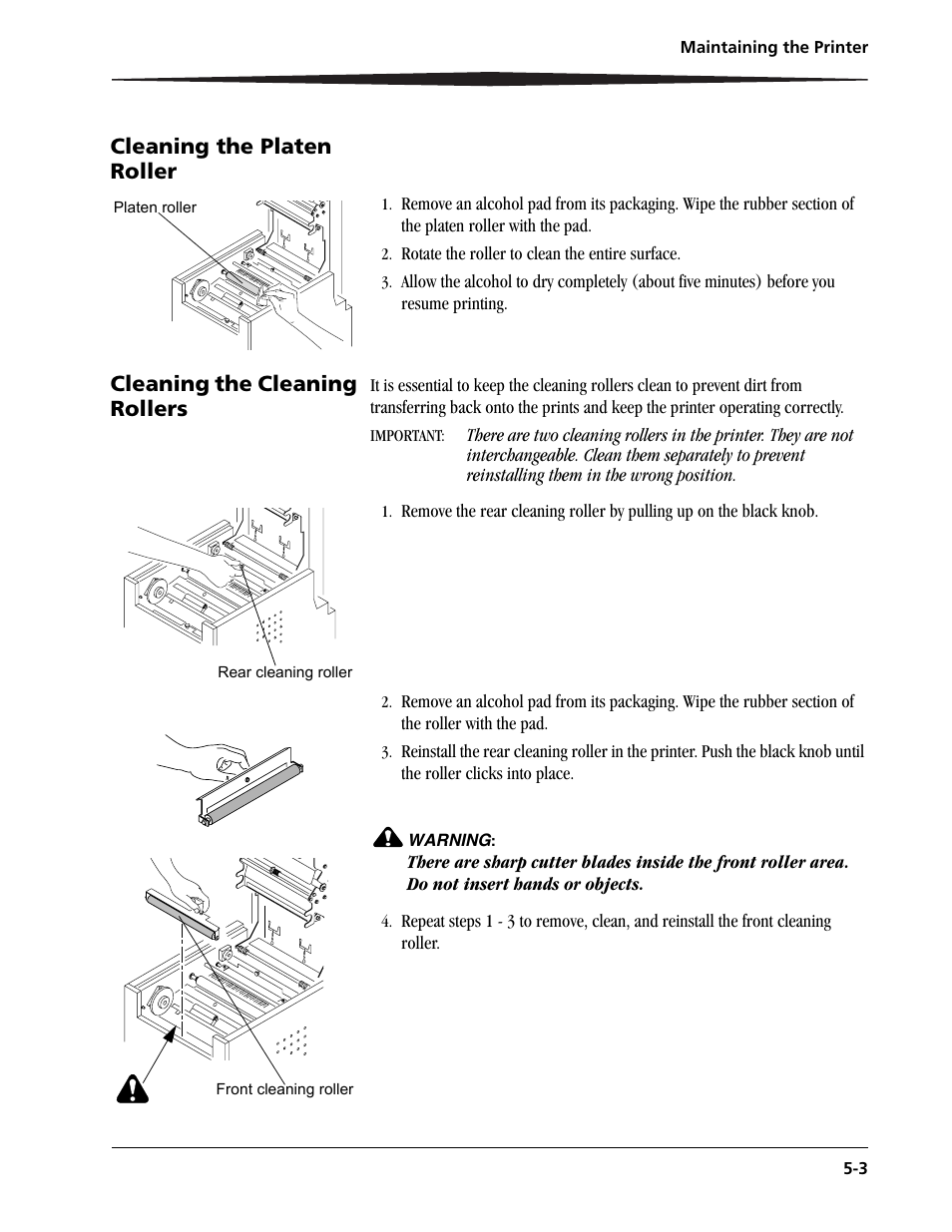 Cleaning the platen roller, Cleaning the cleaning rollers | Kodak 6805 User Manual | Page 39 / 56