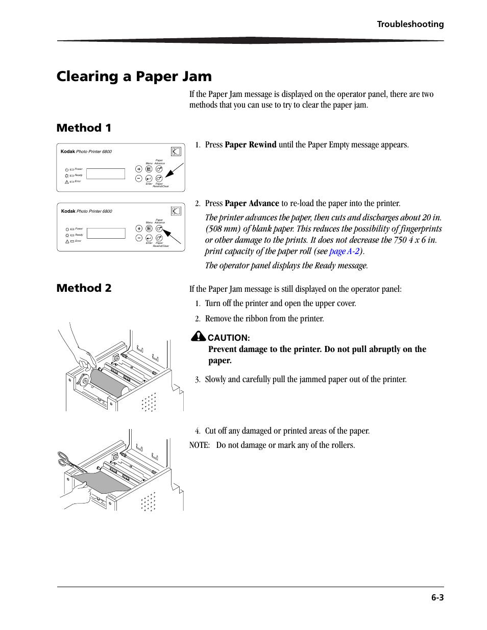Clearing a paper jam -3, Method 1 -3 method 2 -3, Clearing a paper | Clear the paper jam. see, Clearing a paper jam, Method 1, Method 2, Turn off the printer and open the upper cover, Remove the ribbon from the printer, Troubleshooting 6-3 | Kodak 6805 User Manual | Page 43 / 56