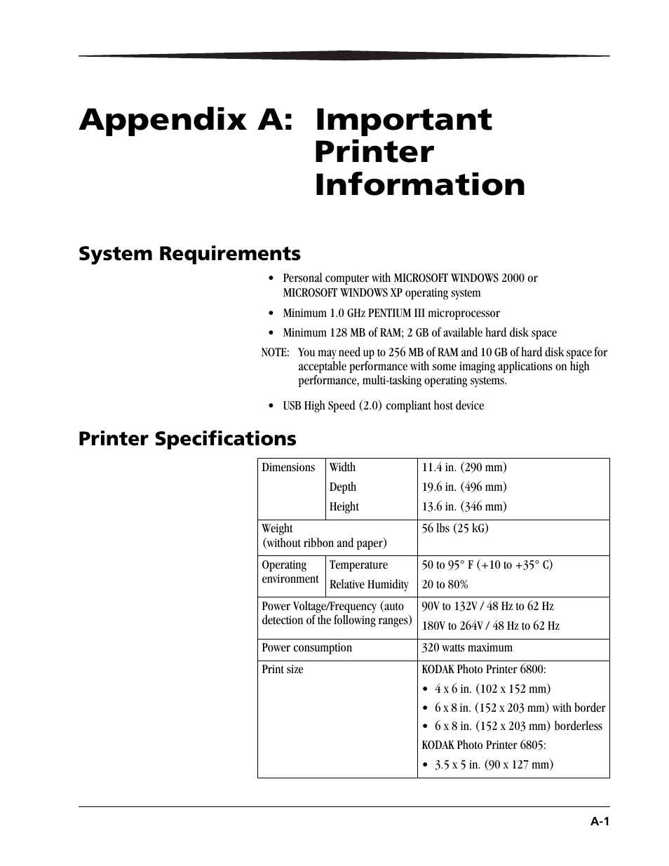 Appendix a: important printer information, System requirements, Printer specifications | Kodak 6805 User Manual | Page 45 / 56