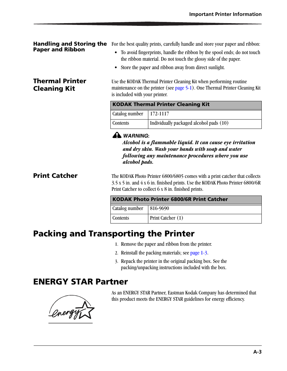 Packing and transporting the printer, Energy star partner | Kodak 6805 User Manual | Page 47 / 56