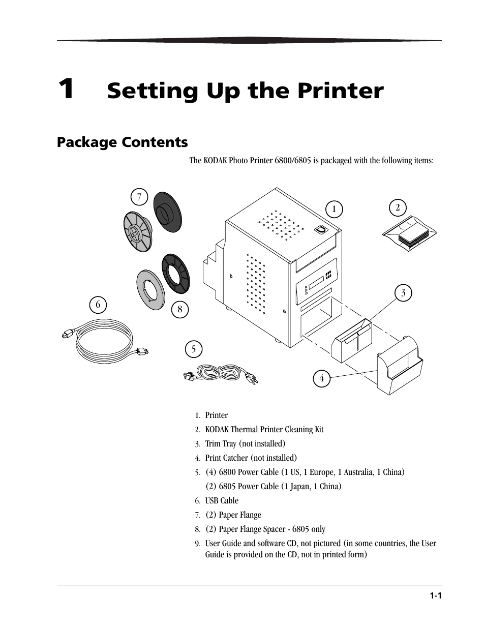 1 setting up the printer, Package contents -1, Setting up the printer | Package contents | Kodak 6805 User Manual | Page 9 / 56