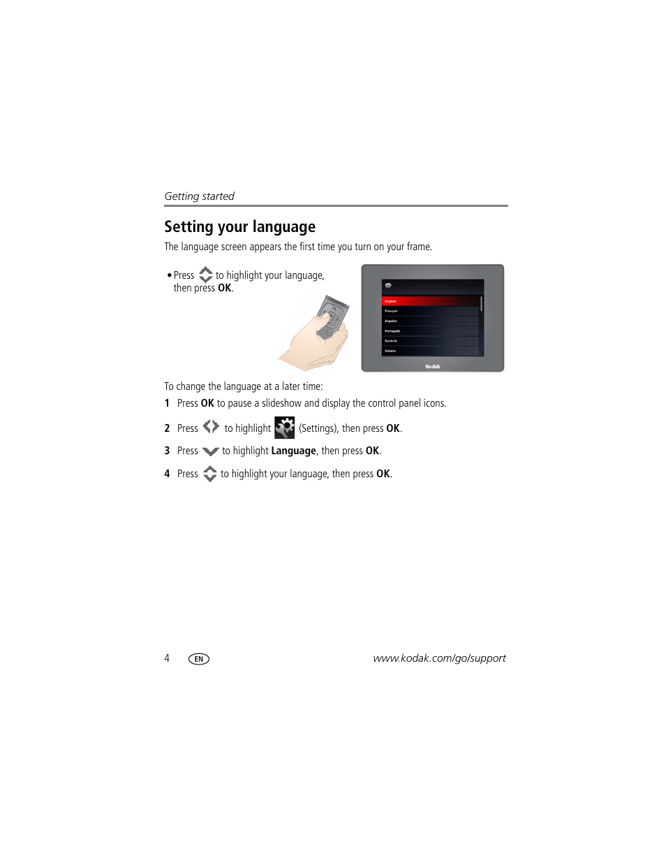 Setting your language | Kodak EasyShare P750 User Manual | Page 10 / 49