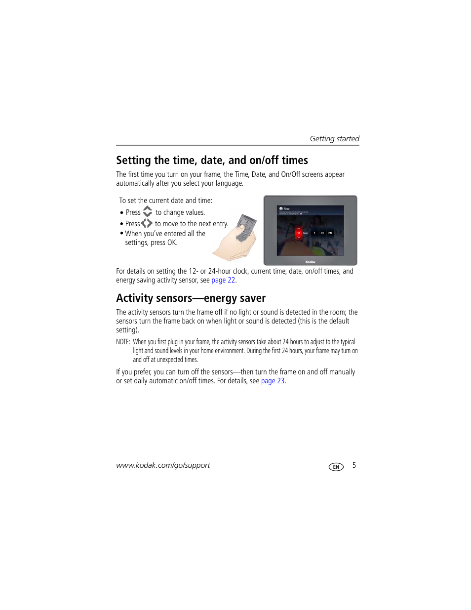 Setting the time, date, and on/off times, Activity sensors—energy saver | Kodak EasyShare P750 User Manual | Page 11 / 49