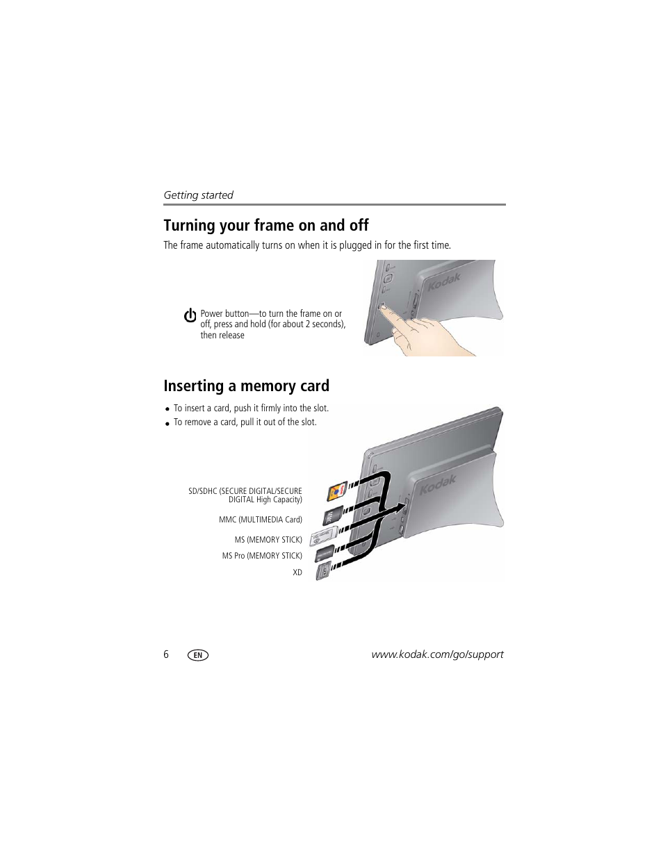 Turning your frame on and off, Inserting a memory card | Kodak EasyShare P750 User Manual | Page 12 / 49