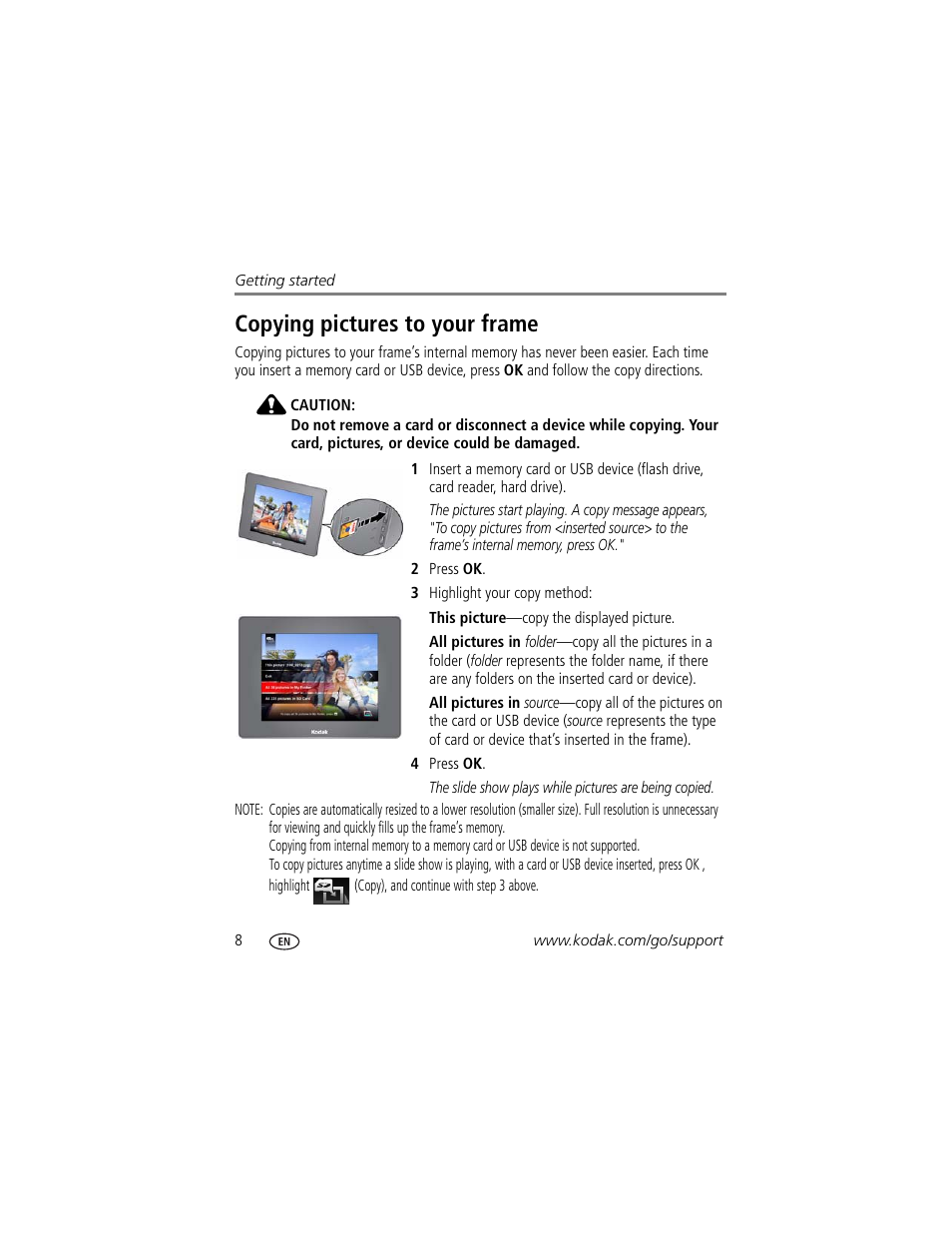 Copying pictures to your frame, Device is inserted | Kodak EasyShare P750 User Manual | Page 14 / 49