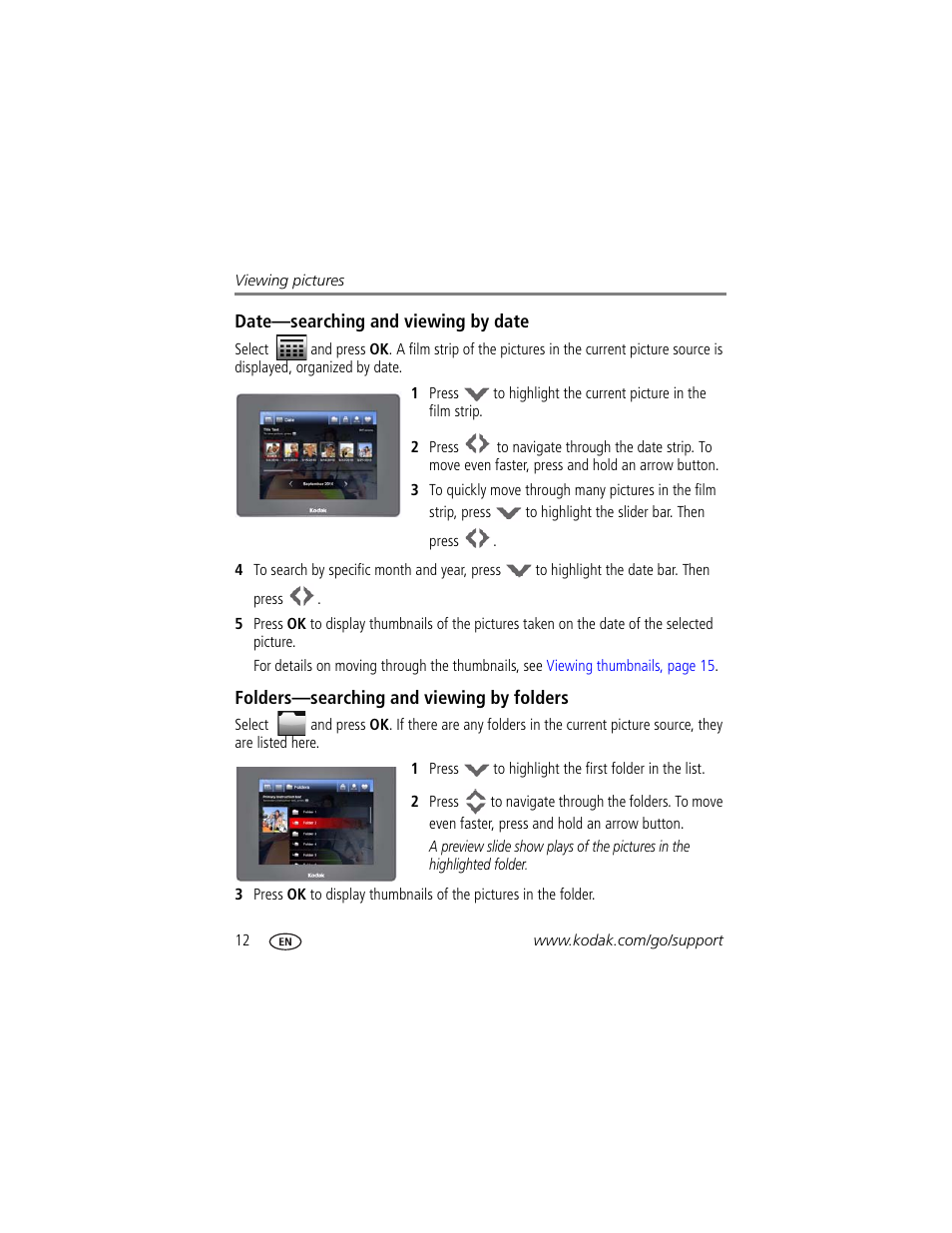 Date—searching and viewing by date, Folders—searching and viewing by folders | Kodak EasyShare P750 User Manual | Page 18 / 49