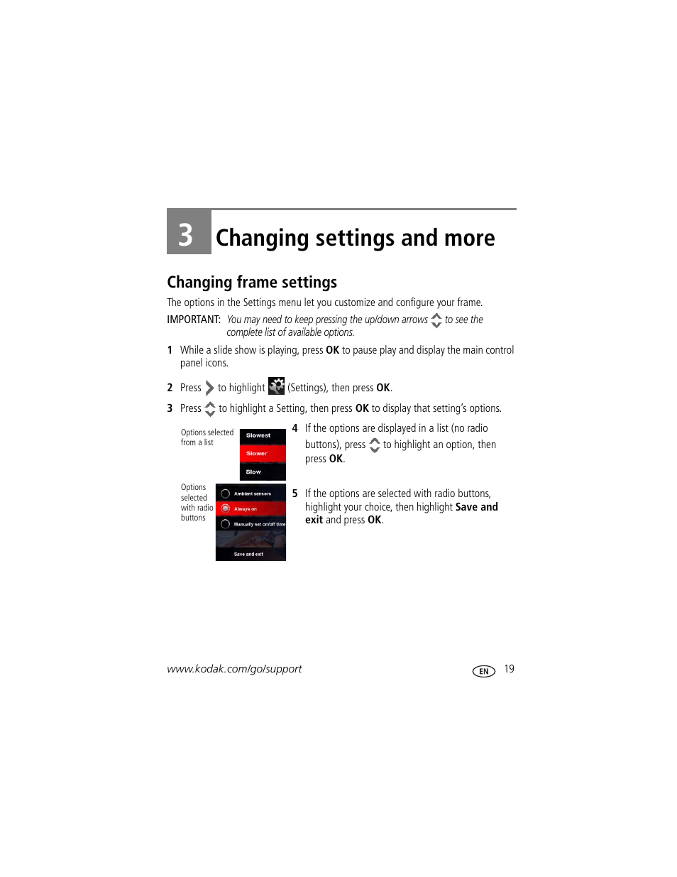 Changing settings and more, Changing frame settings, 3 changing settings and more | Kodak EasyShare P750 User Manual | Page 25 / 49