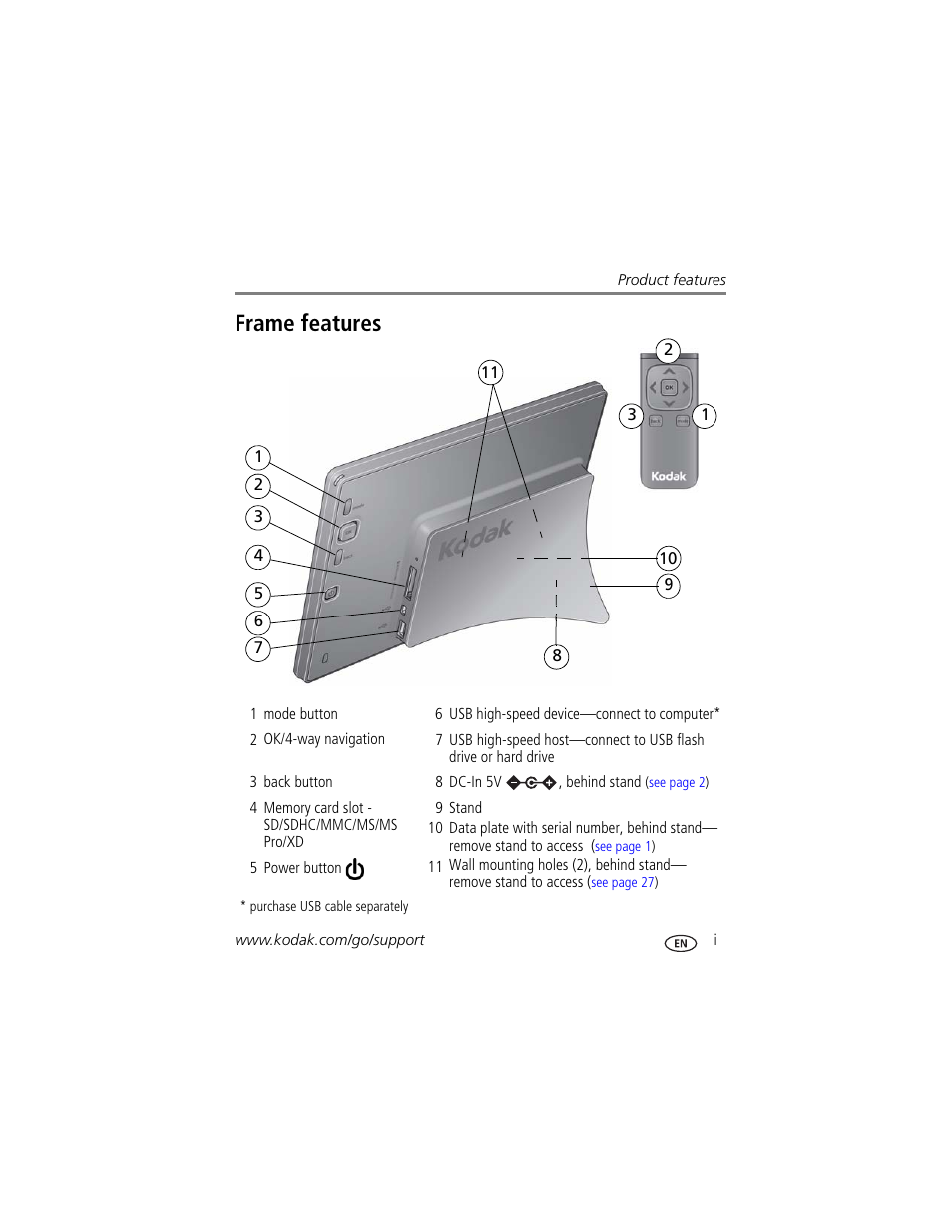 Product features, Frame features | Kodak EasyShare P750 User Manual | Page 3 / 49