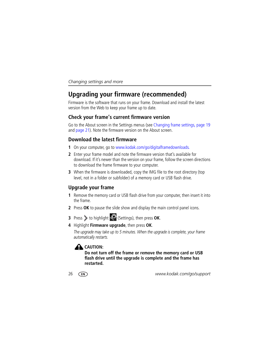 Upgrading your firmware (recommended), Check your frame’s current firmware version, Download the latest firmware | Upgrade your frame | Kodak EasyShare P750 User Manual | Page 32 / 49