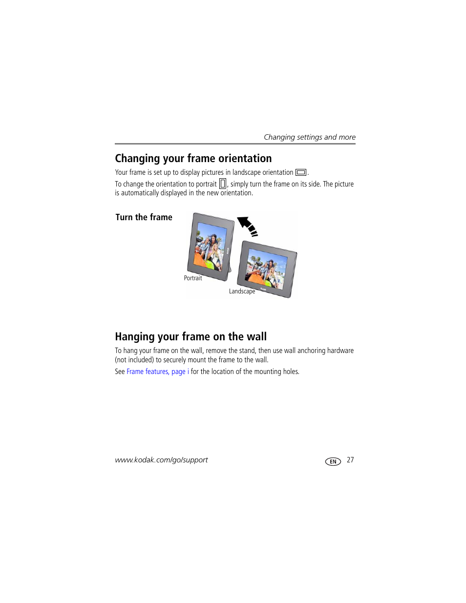 Changing your frame orientation, Hanging your frame on the wall, And to access | Kodak EasyShare P750 User Manual | Page 33 / 49