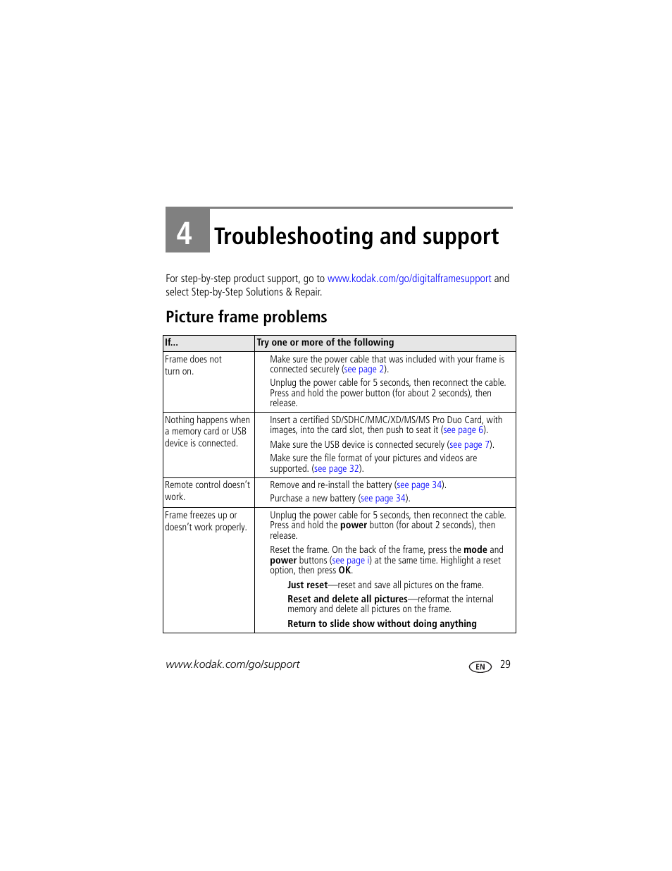 Troubleshooting and support, Picture frame problems, 4 troubleshooting and support | Kodak EasyShare P750 User Manual | Page 35 / 49