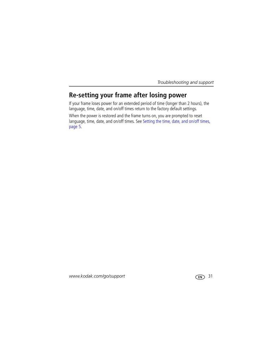 Re-setting your frame after losing power, Re-setting your frame after losing | Kodak EasyShare P750 User Manual | Page 37 / 49