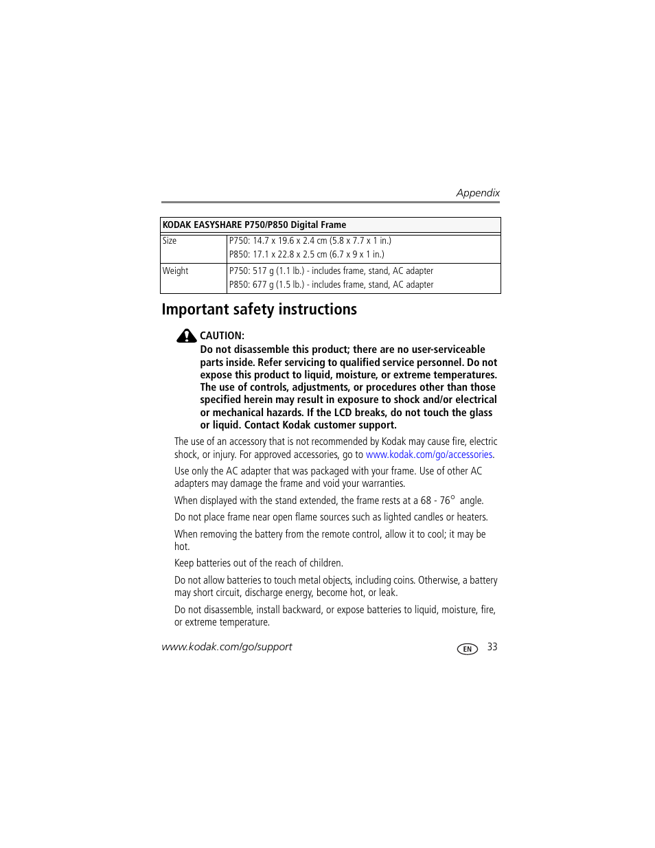 Important safety instructions | Kodak EasyShare P750 User Manual | Page 39 / 49