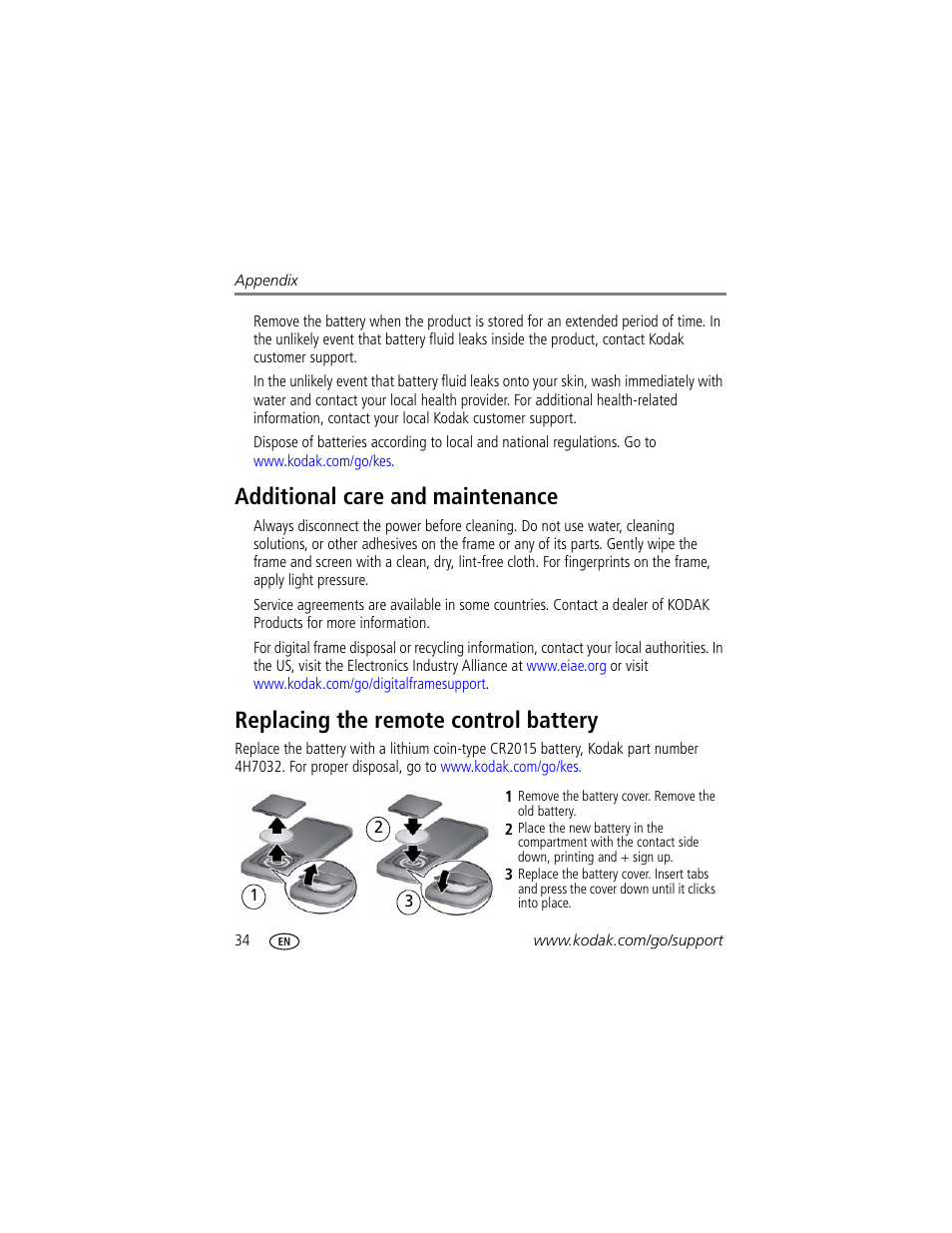 Additional care and maintenance, Replacing the remote control battery, W battery | Kodak EasyShare P750 User Manual | Page 40 / 49