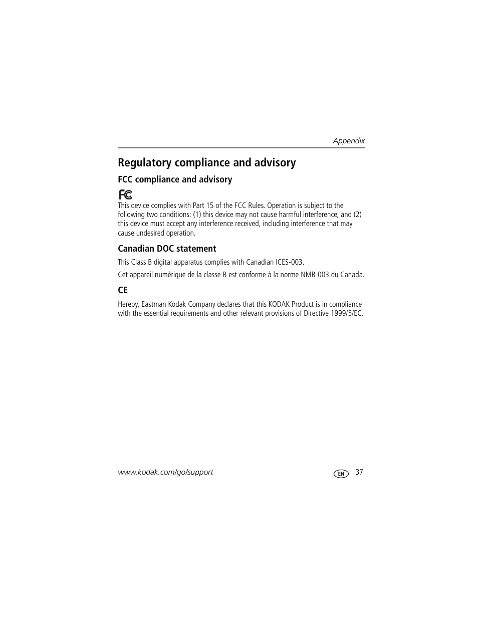 Regulatory compliance and advisory, Fcc compliance and advisory, Canadian doc statement | Kodak EasyShare P750 User Manual | Page 43 / 49