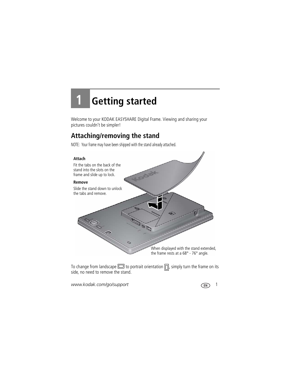 Getting started, Attaching/removing the stand, And to access | 1 getting started | Kodak EasyShare P750 User Manual | Page 7 / 49