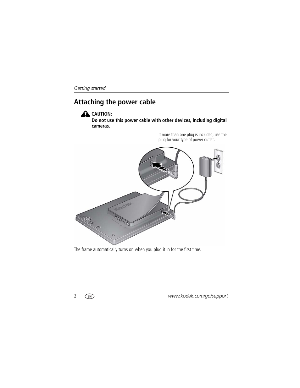 Attaching the power cable | Kodak EasyShare P750 User Manual | Page 8 / 49