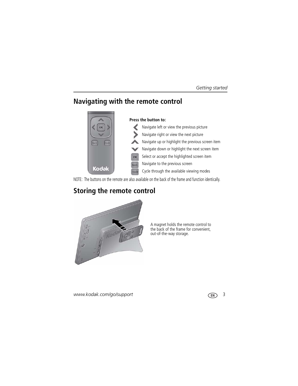 Navigating with the remote control, Storing the remote control | Kodak EasyShare P750 User Manual | Page 9 / 49