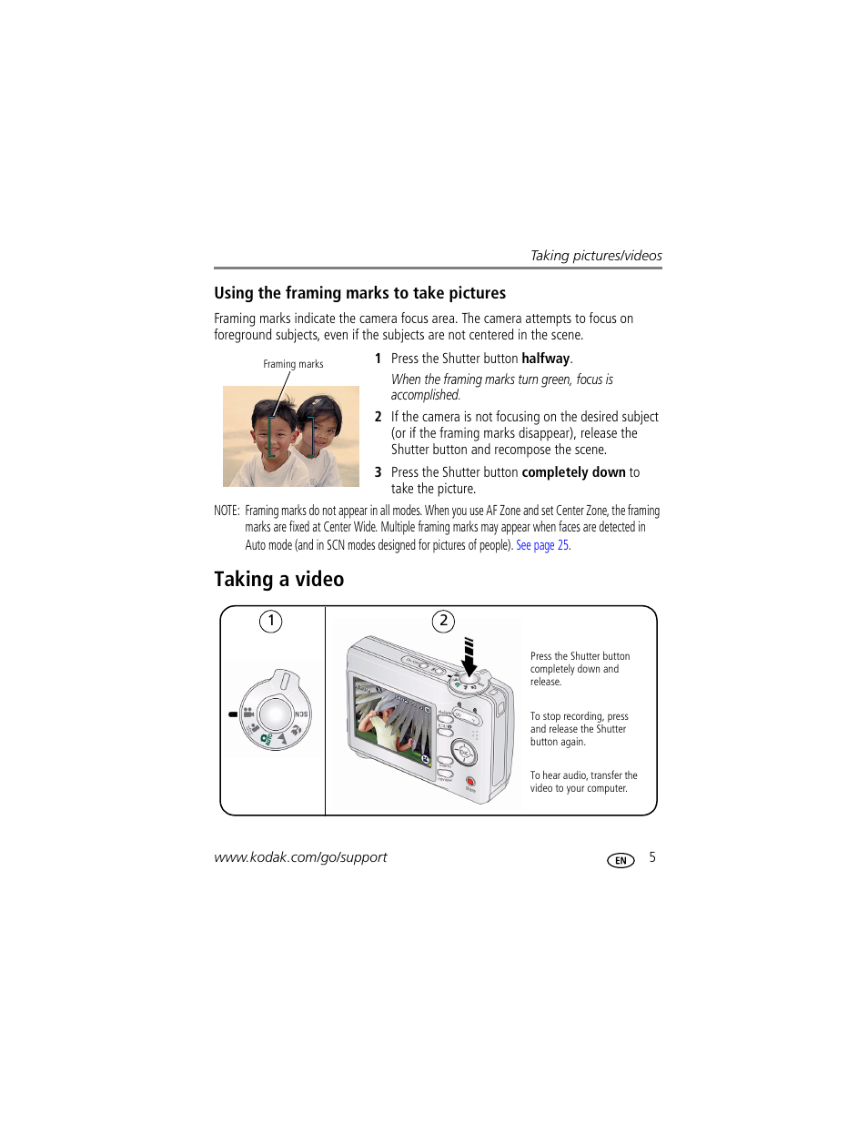 Using the framing marks to take pictures, Taking a video | Kodak EASYSHARE C1013 User Manual | Page 11 / 67