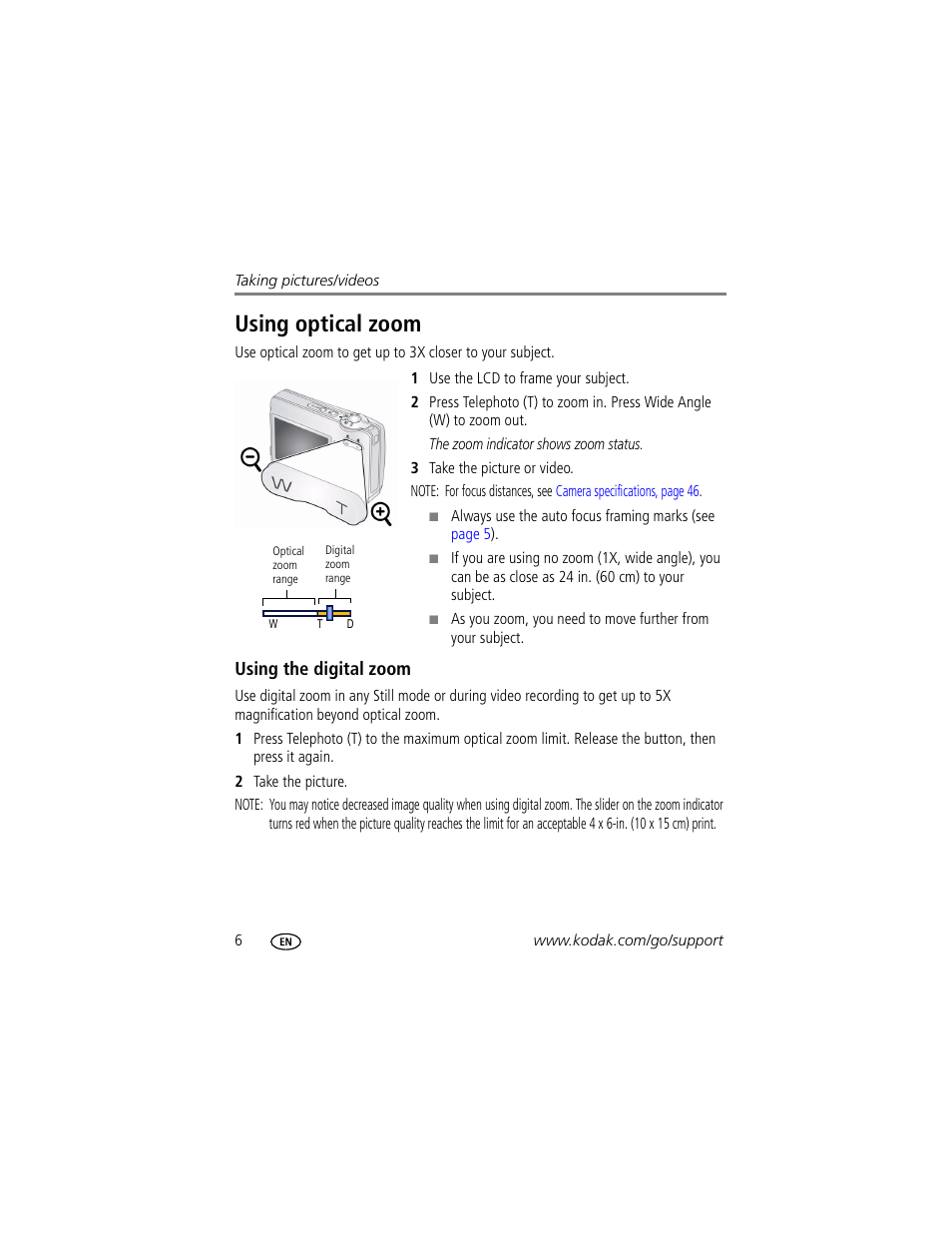 Using optical zoom, Using the digital zoom | Kodak EASYSHARE C1013 User Manual | Page 12 / 67