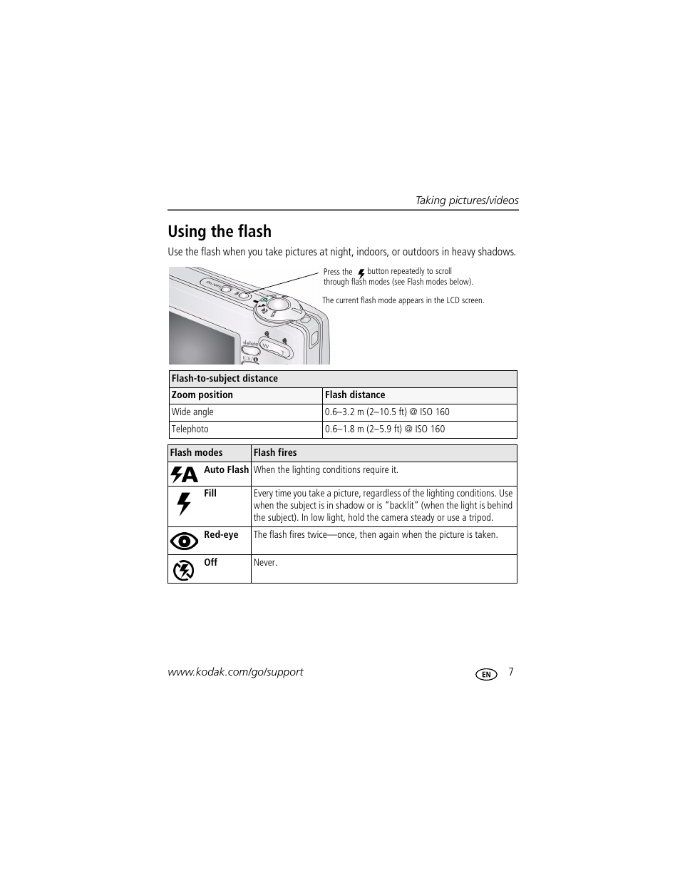 Using the flash | Kodak EASYSHARE C1013 User Manual | Page 13 / 67