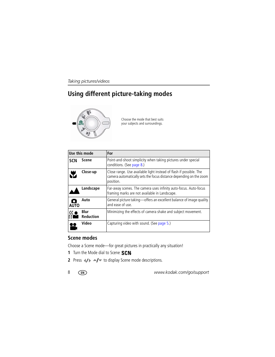 Using different picture-taking modes, Scene modes | Kodak EASYSHARE C1013 User Manual | Page 14 / 67